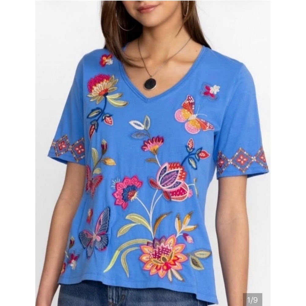 Johnny Was Gracey Trapunto Embroidered T-Shirt Women Blue Floral Butterfly